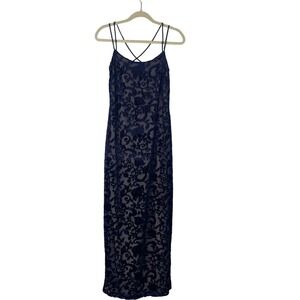 VTG Y2K Steppin' Out Navy Blue Velvet‎ Floral Maxi Dress Gown 9/10 Whimsigoth